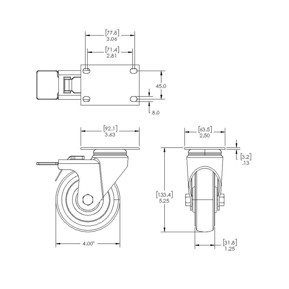 31-SPD4-1 MODULAR SOLUTIONS ALUMINUM CASTER<br>4" SWIVEL TOP PLATE W/BRAKE